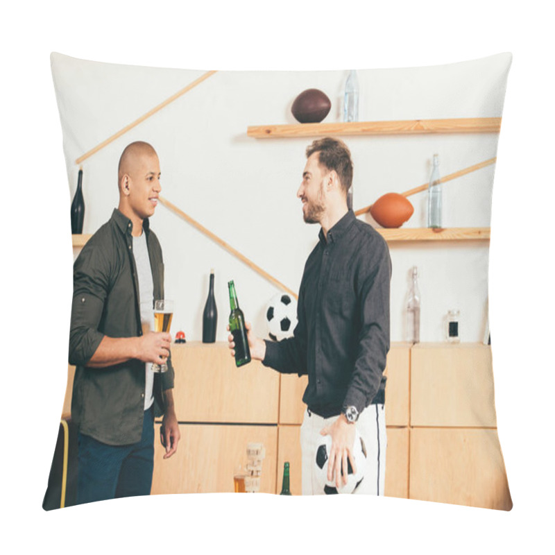 Personality  Side View Of Multicultural Men With Beer Having Conversation In Cafe Pillow Covers