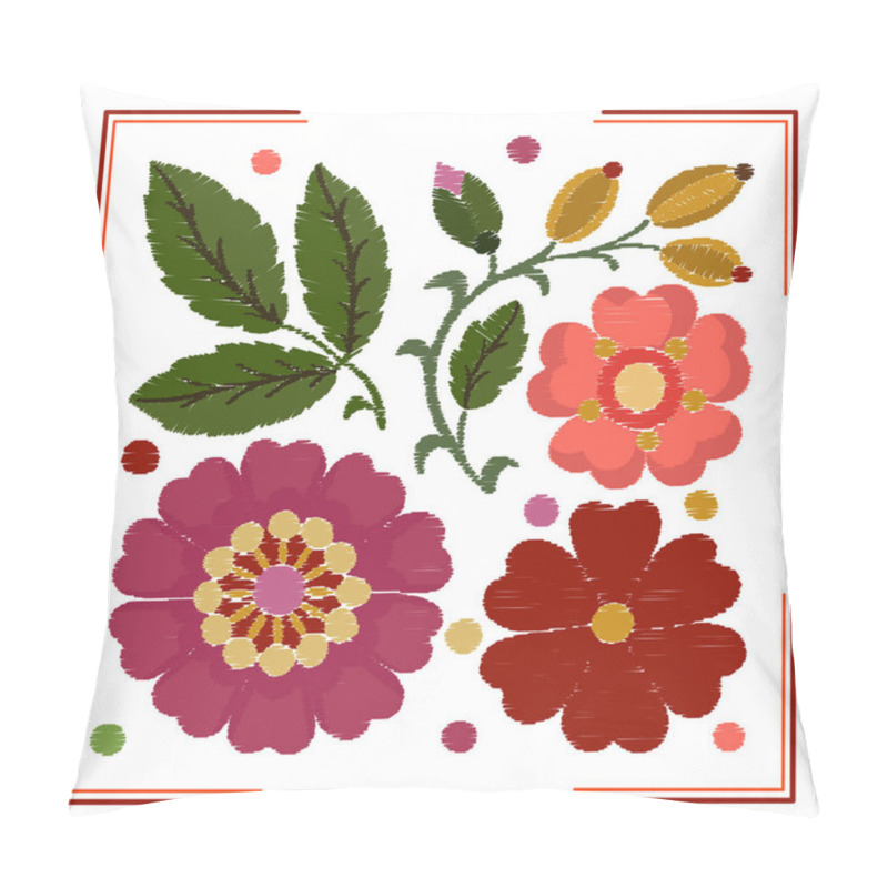 Personality  Stylization Of Elements Of Embroidery Of Flowers, Leaves And Rosehip Pillow Covers