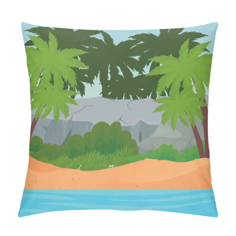 Personality  Beach With Palm Trees Rock And Sea Vector Design Pillow Covers