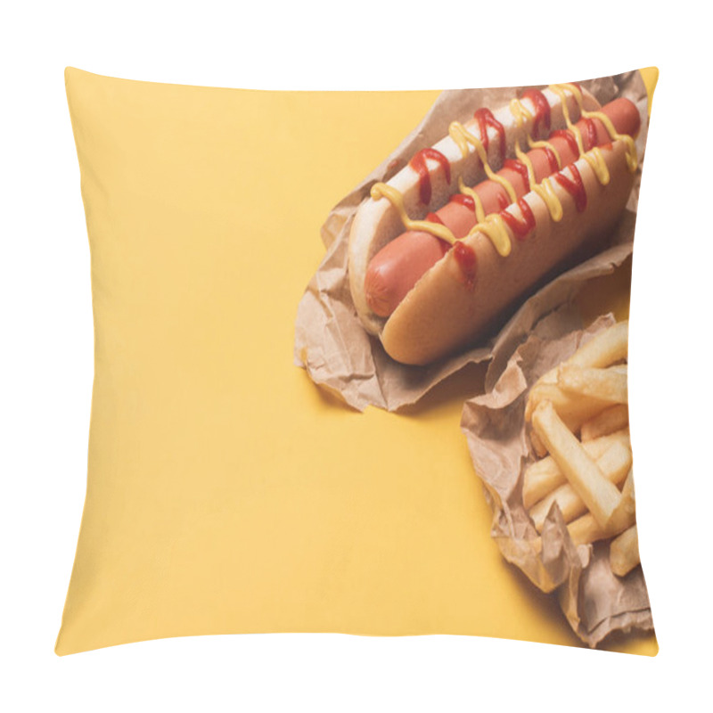 Personality  Delicious Hot Dog And French Fries In Paper On Yellow   Pillow Covers