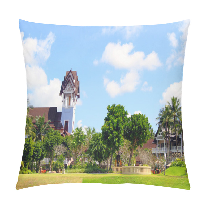 Personality  Tropical Landscape: Palm, Building, Garden And Tower Pillow Covers