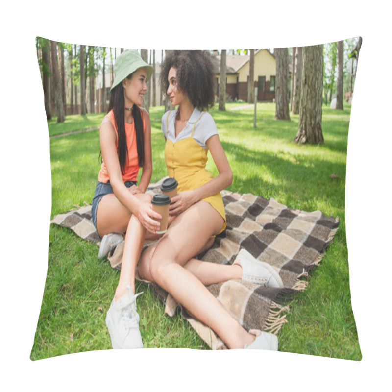 Personality  Side View Of Smiling Lesbian Woman Looking At African American Girlfriend With Paper Cup In Park  Pillow Covers