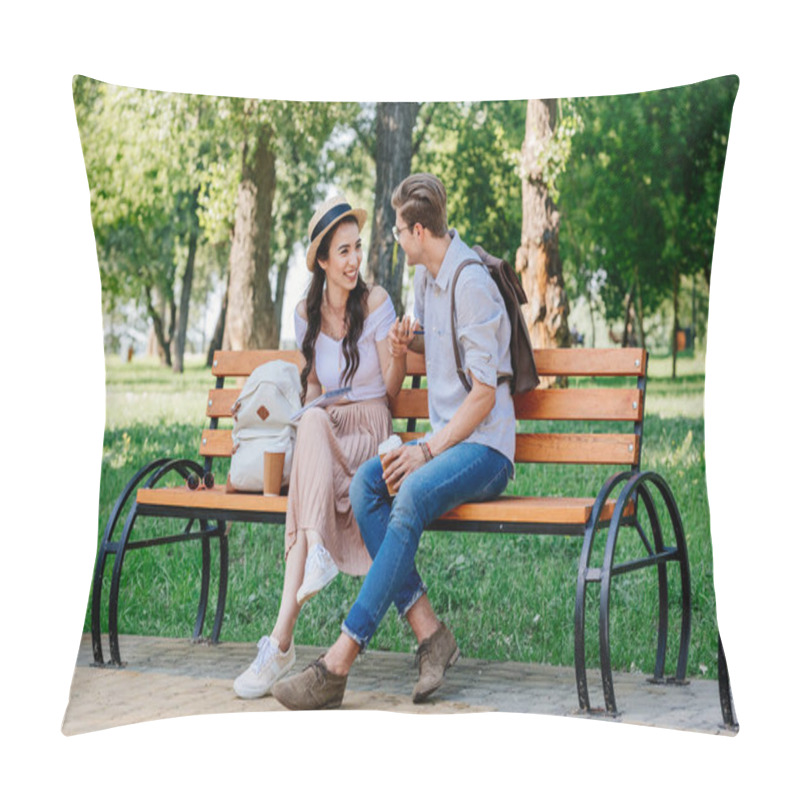 Personality  Multicultural Couple Sitting On Bench Pillow Covers