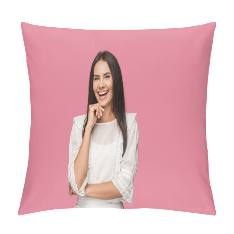 Personality  Happy Woman Touching Face And Laughing Isolated On Pink  Pillow Covers