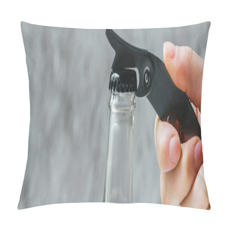 Personality  Cropped View Of Woman Opening Cold Brew Coffee In Bottle With Opener, Panoramic Shot Pillow Covers