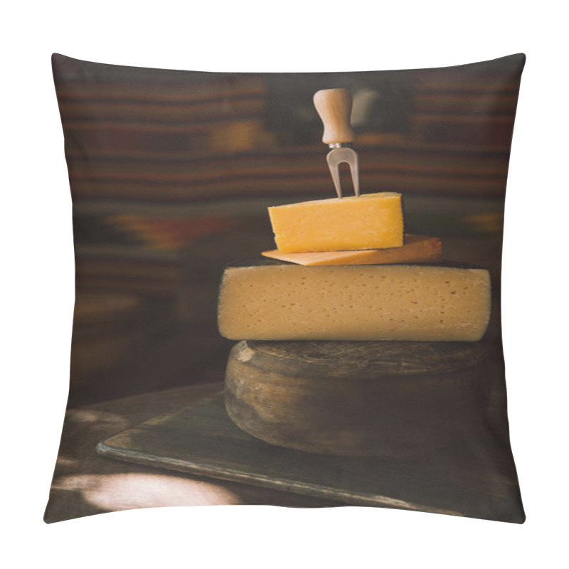 Personality  Close-up Shot Of Stacked Various Cheese Slices With Fork On Rustic Wooden Table Pillow Covers