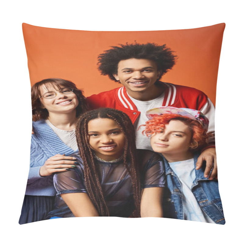 Personality  Interracial Group Of Young Friends, Including Nonbinary Person, Posing Happily Together In Stylish Studio Attire. Pillow Covers