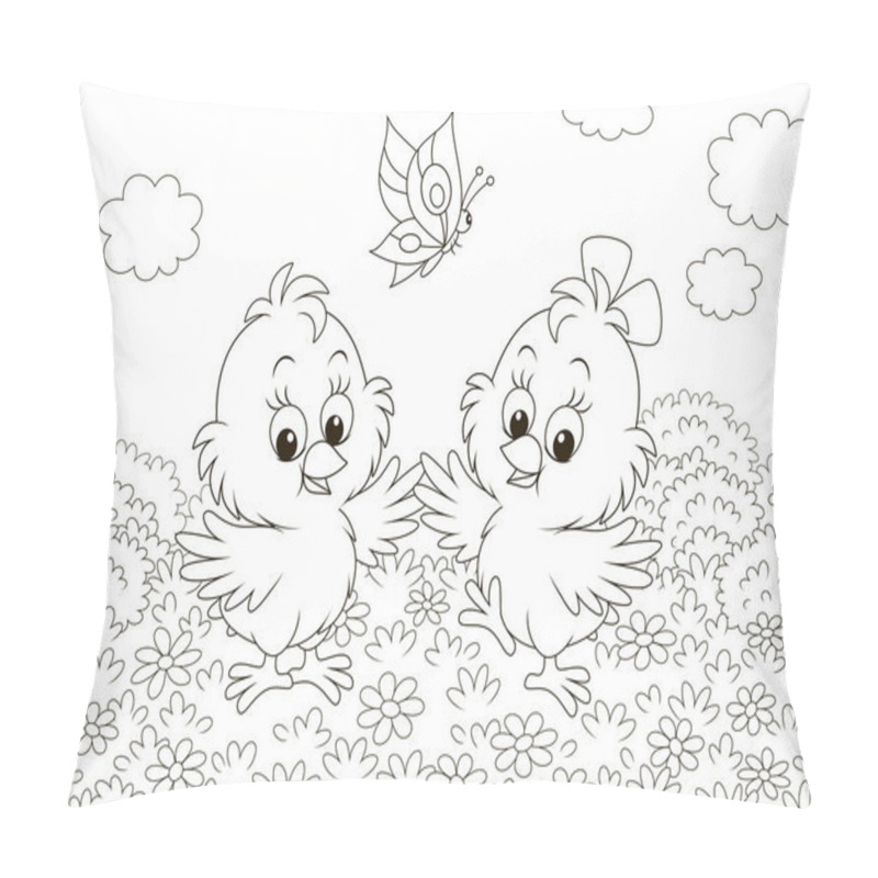 Personality  Cute Little Chicks Dancing With A Butterfly Among Flowers On A Sunny Summer Day, Black And White Vector Illustration In A Cartoon Style For A Coloring Book Pillow Covers