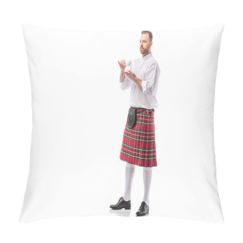 Personality  Scottish Redhead Man In Red Kilt Drinking Coffee On White Background Pillow Covers