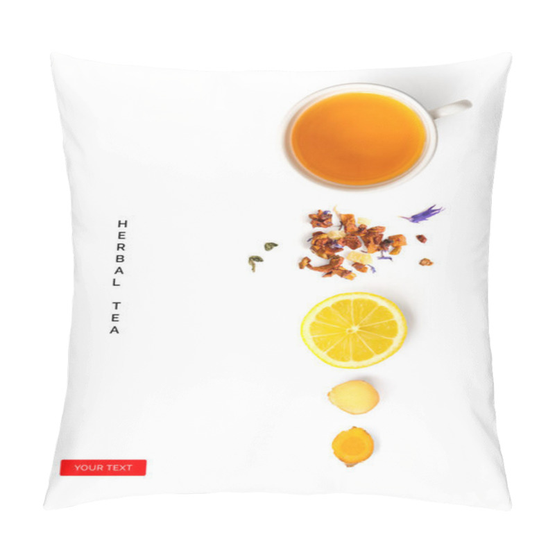 Personality  Creative Layout Made Of Cup Of Herbal Tea, Lemon, Ginger On A White Background. Top View Pillow Covers