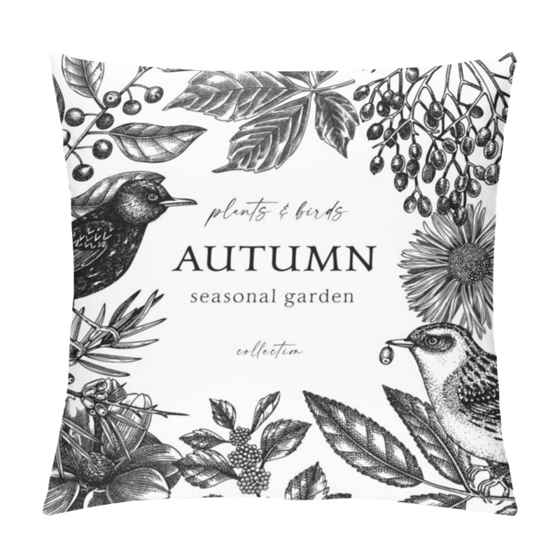 Personality  Hand-sketched Autumn Retro Frame. Elegant Botanical Template With Autumn Leaves, Berries, Flowers And Bird Sketches. Perfect For Invitation, Cards, Flyers, Menu, Label, Packaging. Autumn Birds Art. Pillow Covers