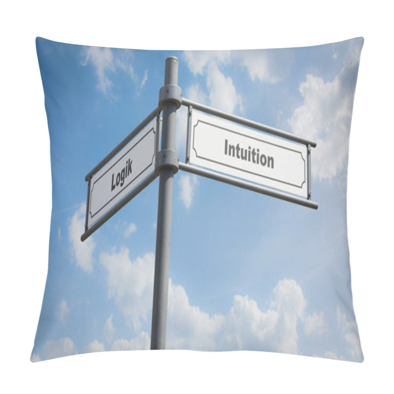 Personality  An Image With A Signpost Pointing In Two Different Directions In German. One Direction Points To Intuition, The Other Points To Logic. Pillow Covers