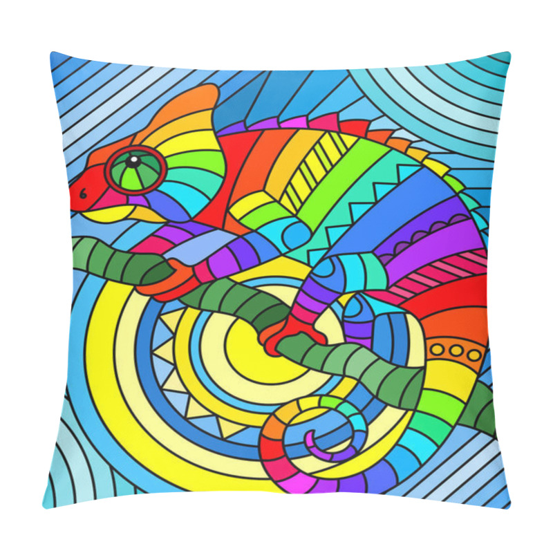 Personality  Illustration In Stained Glass Style With Abstract Geometric Rainbow Chameleon Pillow Covers