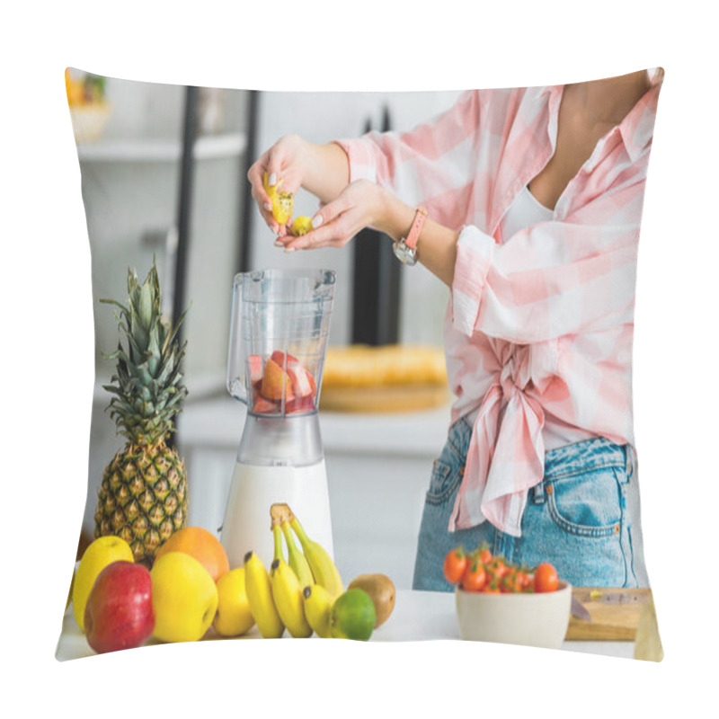 Personality  Cropped View Of Young Woman Adding Ingredients In Blender  Near Fruits Pillow Covers