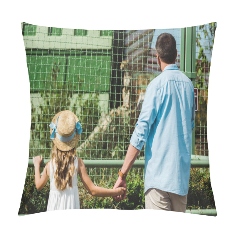 Personality  Back View Of Daughter In Straw Hat And Father Holding Hands While Looking At Leopard In Cage  Pillow Covers