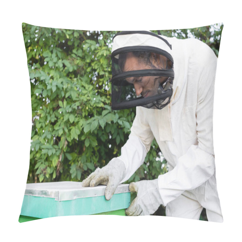 Personality  Bee Master In Protective Suit And Helmet With Veil Opening Beehive On Apiary Pillow Covers