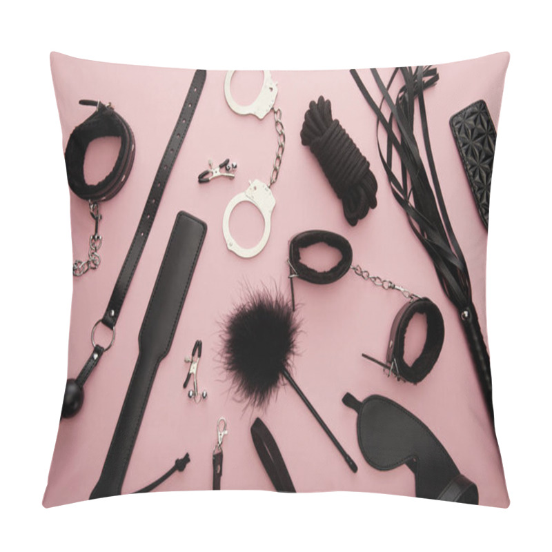 Personality  Top View Of Black Sex Toys On Pink Background Pillow Covers