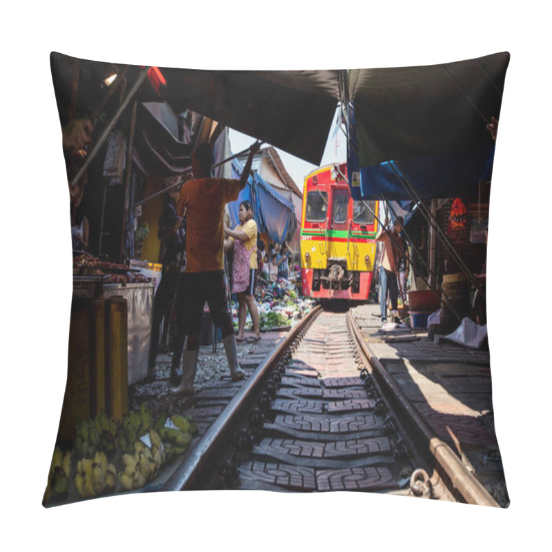 Personality  BANGKOK, THAILAND - March 2019: Train Running Through Maeklong Railway Market, Thailand Pillow Covers