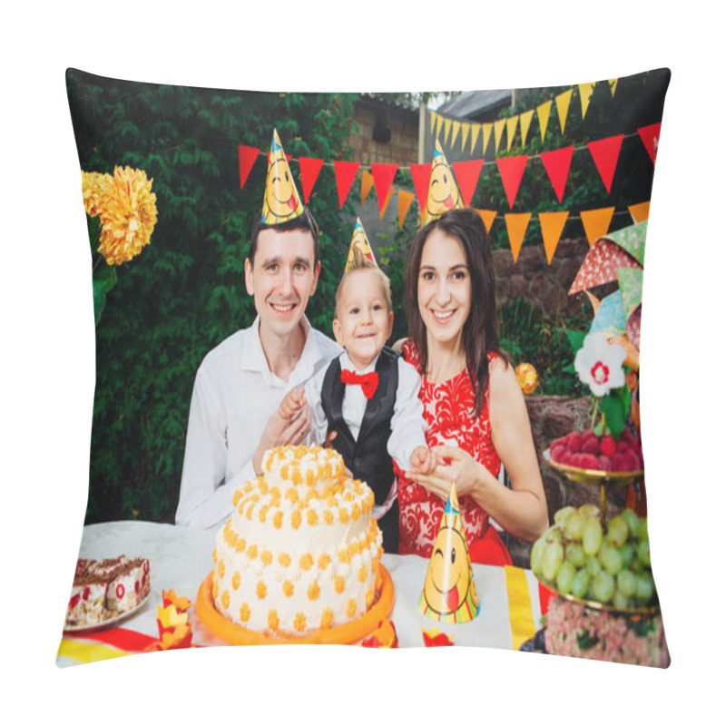 Personality  Children Birthday Theme. Family Of Three Caucasian People Sitting In Backyard Of The House At A Festive Decorated Table In Funny Hats And Caps On Their Heads. Joy And Happiness Cake And Pastry Snack Pillow Covers