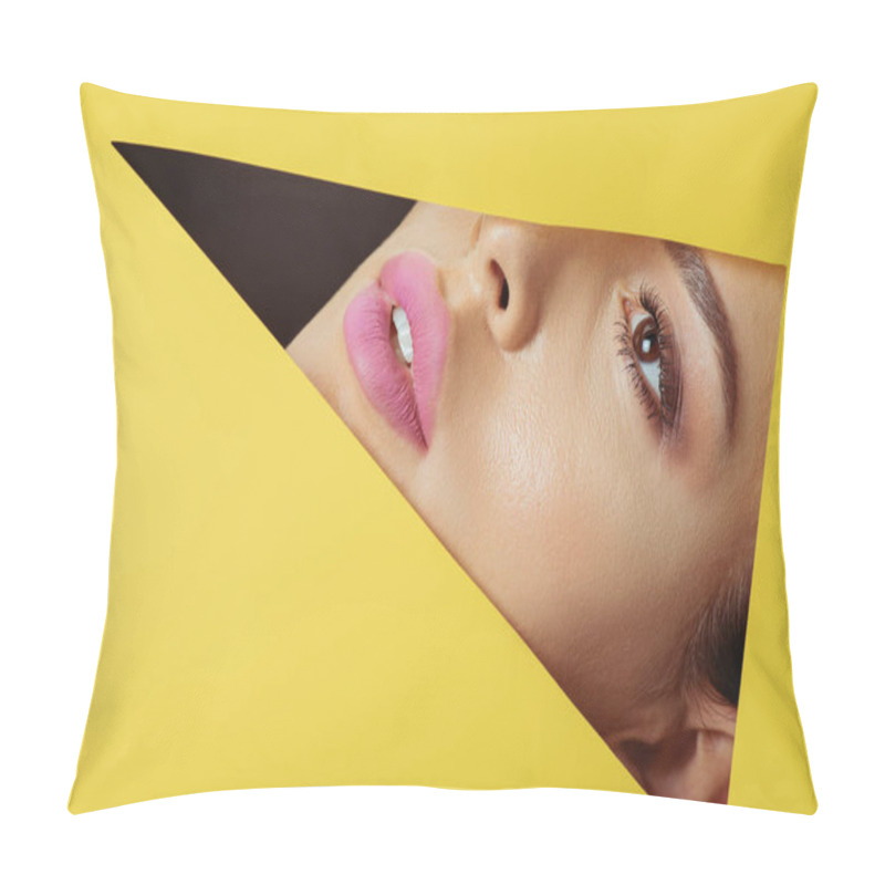 Personality  Girl With Pink Lips Looking Across Triangular Hole In Yellow Paper On Black Pillow Covers