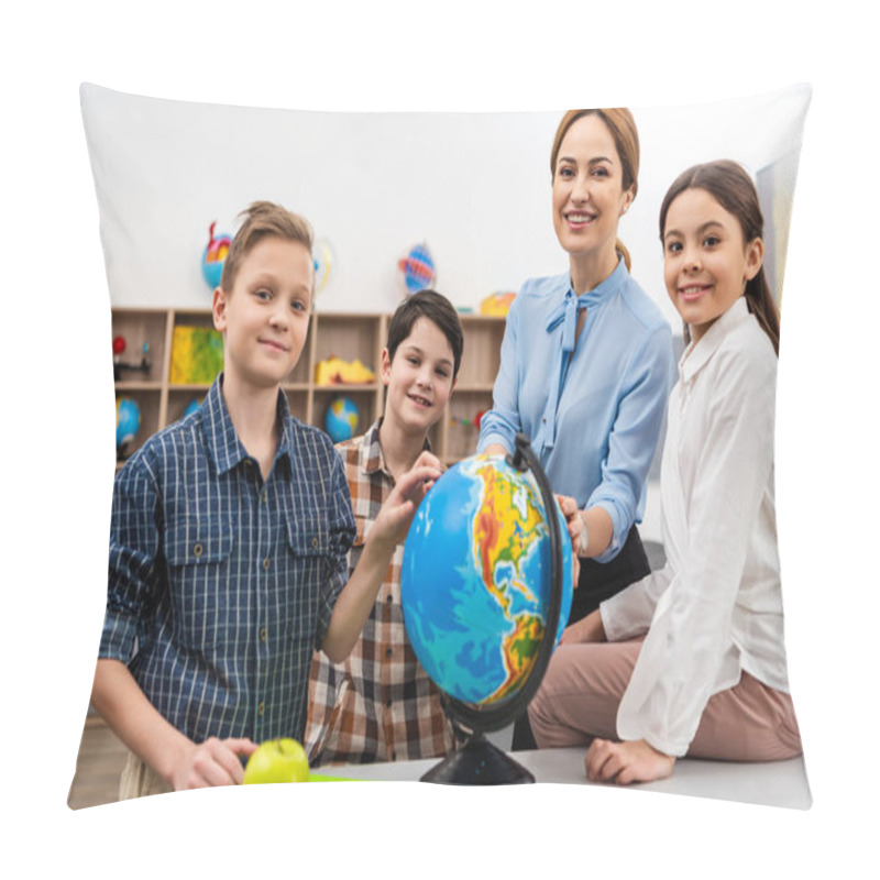 Personality  Teacher And Pupils Touching Globe With Smile While Studying Geography In Classroom Pillow Covers