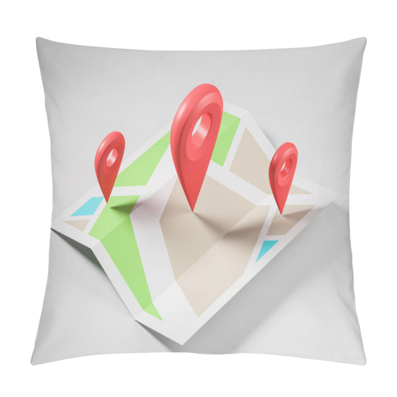 Personality  Schematic Bright Map With Three Large Red Pointers Showing The Route And Destination Point. Concept Of Navigation, Finding Your Goal And GPS. 3d Rendering Mock Up Pillow Covers