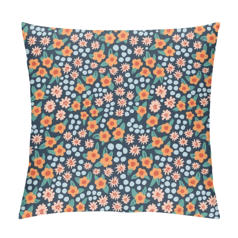 Personality  Hand Drawn Seamless Pattern With Orange Pink Blue Flower Floral Elements, Ditsy Summer Spring Botanical Nature Print, Bloom Blossom Stylized Petals. Retro Vintage Fabric Design, Cute Dots Nature Pillow Covers