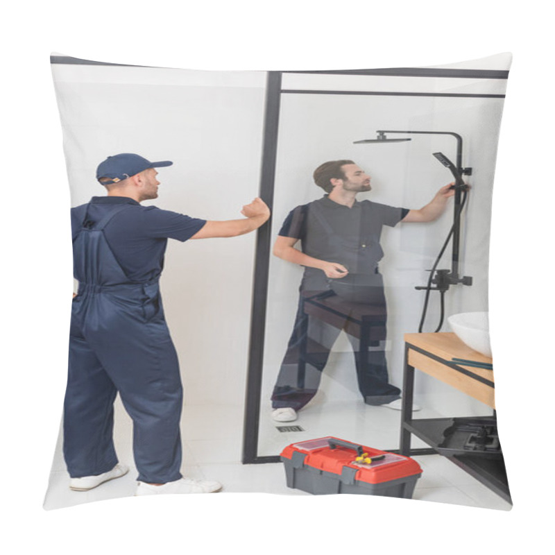 Personality  Worker Standing With Hand On Hip Near Plumber Checking Shower In Bathroom Pillow Covers