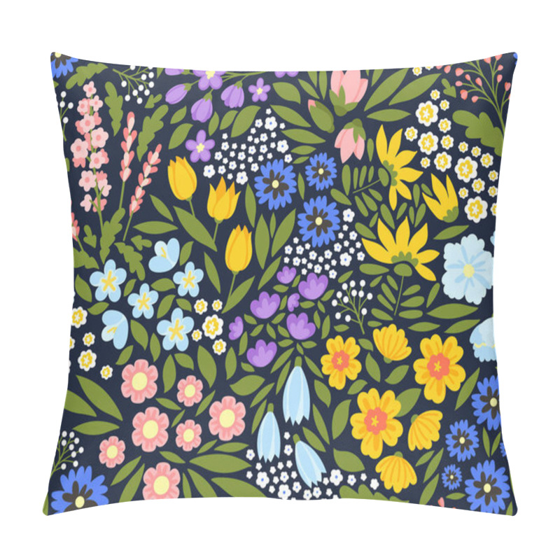 Personality  Small Flowers Seamless Pattern. Repeating Design Element For Printing On Fabric. Yellow, Blue And Violet Plants. Spring Season, Bloom And Blossom Bouquets. Cartoon Flat Vector Illustration Pillow Covers