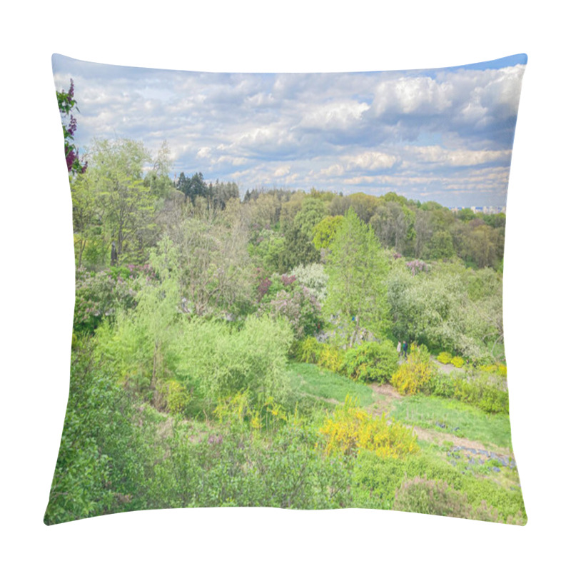 Personality  A Serene Garden Scene With Lush Shrubs, Blossoms, Grass, Paths, And Tall Trees, Set Against A Partly Cloudy Sky P Pillow Covers