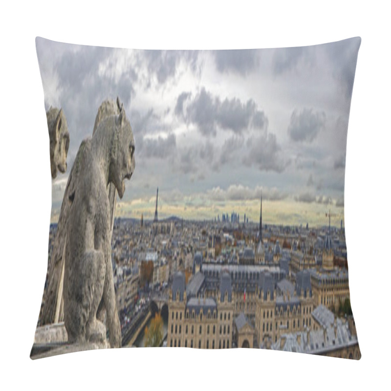 Personality  Chimeras (gargoyles) On The Cathedral Of Notre Dame De Paris Overlooking Paris Panorama, France. Focus On The Sculptures, Blurred City. Perfect Background For Design Or Text Pillow Covers