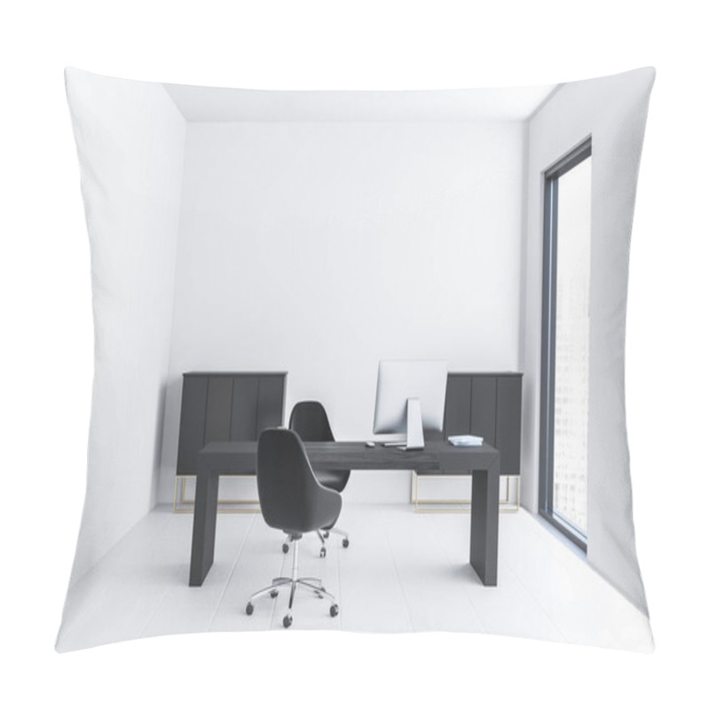 Personality  Interior Of Manager Office With White Walls, Tiled Floor, Black Massive Computer Table And Two Closets Near Loft Window. 3d Rendering Pillow Covers