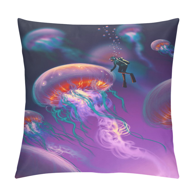 Personality  Big Jellyfishes And Diver In Fantasy Underwater Pillow Covers