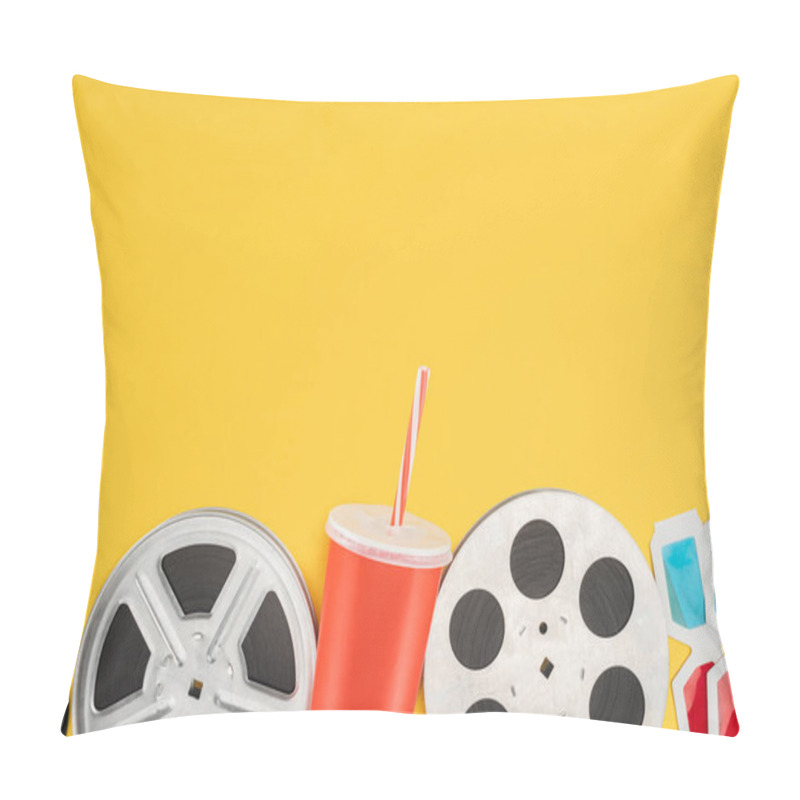 Personality  3d Glasses, Film Reels And Red Disposable Cup With Straw Isolated On Yellow Pillow Covers