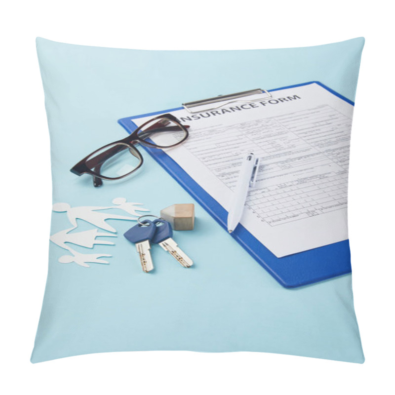 Personality  Close-up View Of Insurance Form, Pen, Paper Cut Family And Keys Isolated On Blue    Pillow Covers