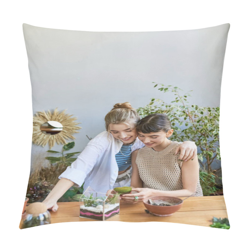 Personality  A Loving Tender Lesbian Couple Sitting At A Table With Bowls Of Food At An Art Studio. Pillow Covers