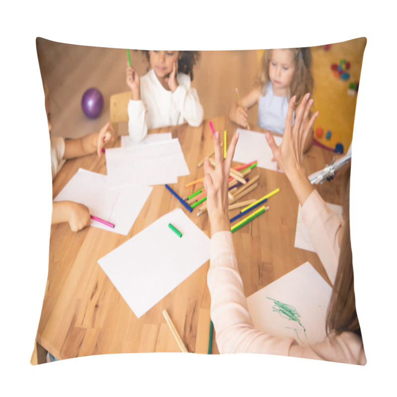 Personality  Educator Showing Number Seven With Fingers To Multicultural Kids In Kindergarten Pillow Covers