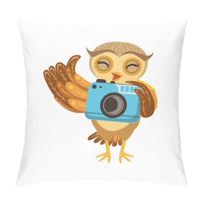 Personality  Tourist Owl With Camera Cute Cartoon Character Emoji With Forest Bird Showing Human Emotions And Behavior Pillow Covers