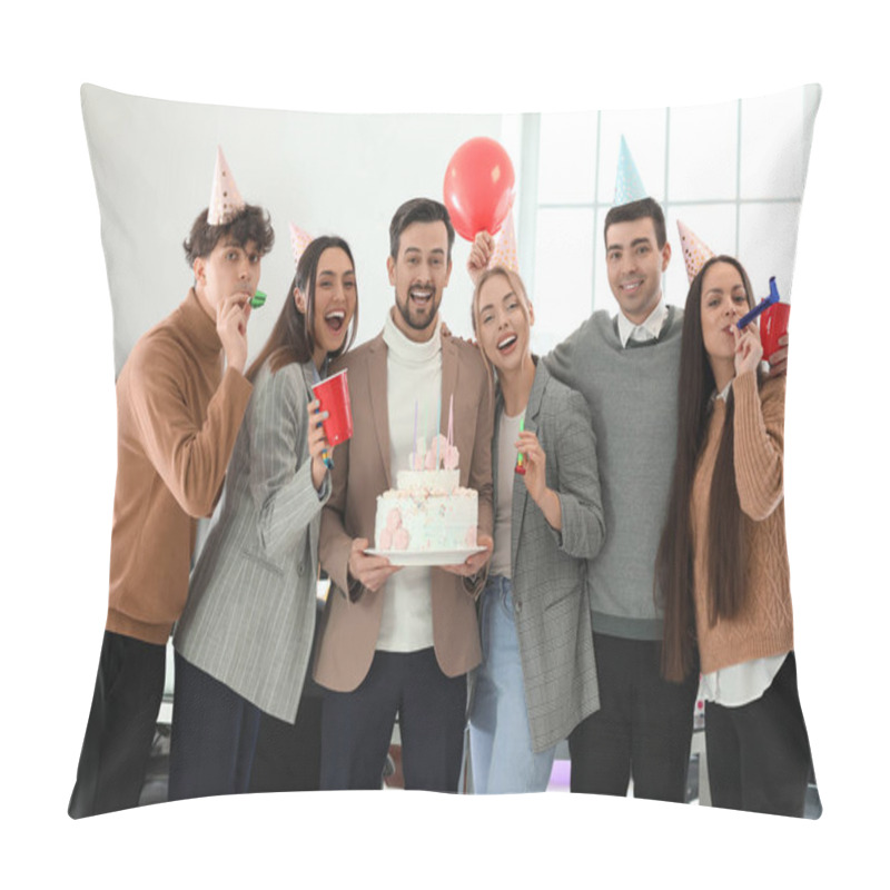 Personality  Group Of Business People With Birthday Cake At Party In Office Pillow Covers