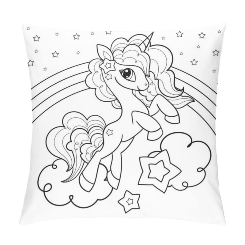 Personality  Cute Cartoon Unicorn On A Cloud With A Rainbow And Stars. Black And White Contour Drawing. Fantasy Animal. For Children's Design Of Coloring Books, Prints, Posters, Tattoos, Cards, Stickers And So On. Vector Pillow Covers