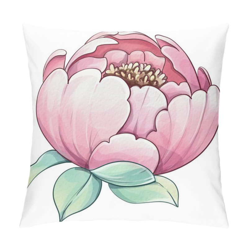 Personality  This Illustration Features A Pink Peony With Soft, Intricate Petals And Lush Green Leaves. The Artwork Highlights The Flowers Elegant Appearance And Natural Beauty. Pillow Covers