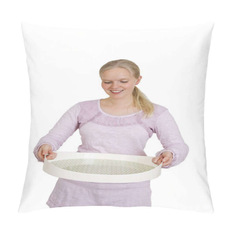 Personality  Woman Holding Tray On White Background  Pillow Covers