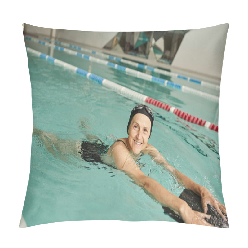 Personality  Happy Middle Aged Woman Swimming With Floating Board In Pool, Swim Cap And Goggles, Lifestyle Pillow Covers