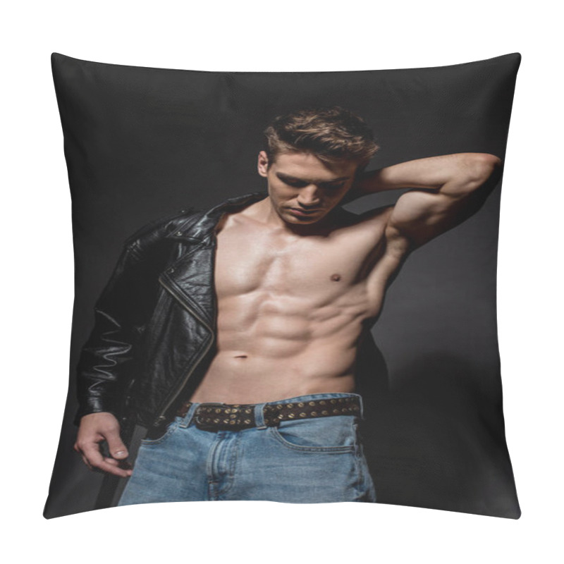 Personality  Sexy Young Man With Muscular Torso Putting On Biker Jacket On Black Background Pillow Covers