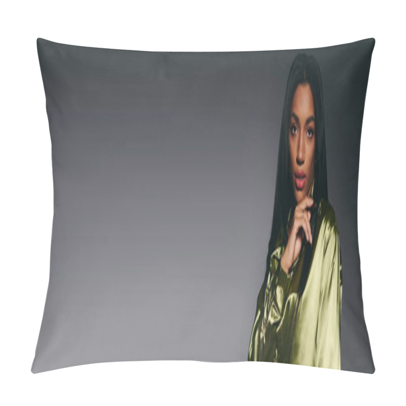 Personality  An Attractive Young African American Woman Poses Confidently In A Studio Wearing A Green Silk Shirt. Pillow Covers