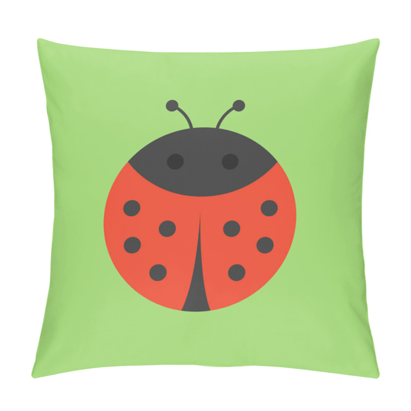 Personality  Cute Ladybird Round Vector Graphic Icon. Black And Red Ladybug Beetle, Insect Animal Head, Body Illustration. Isolated On Green Background. Pillow Covers