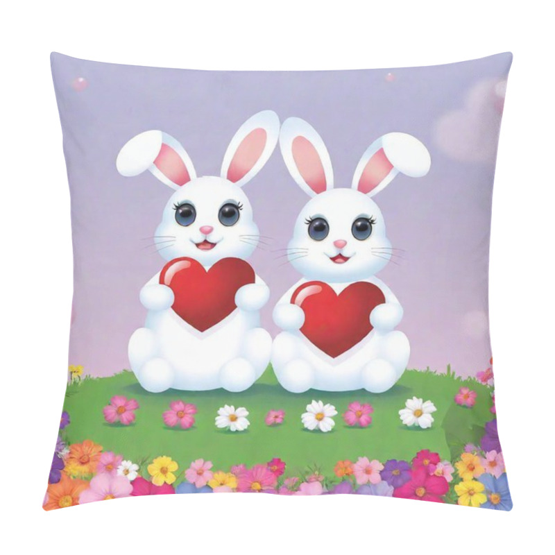 Personality  Illustration Of Rabbits With Red Hearts And Flowers Pillow Covers