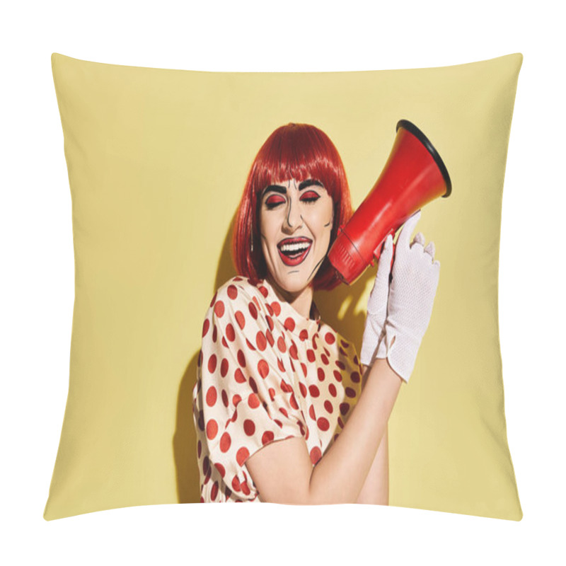 Personality  A Fiery-haired Woman With Pop Art Makeup Holds A Red Megaphone Against A Vibrant Yellow Backdrop. Pillow Covers