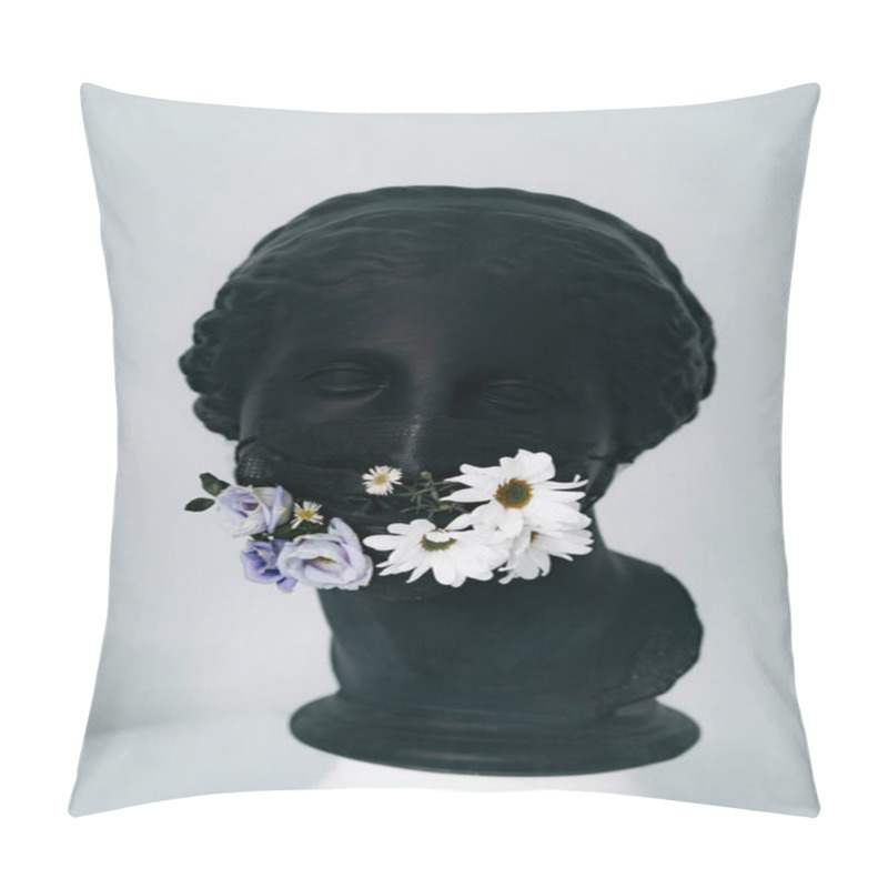 Personality  Black Plaster Sculpture Of A Woman's Head In A Black Medical Mask With Fresh Flowers Pillow Covers