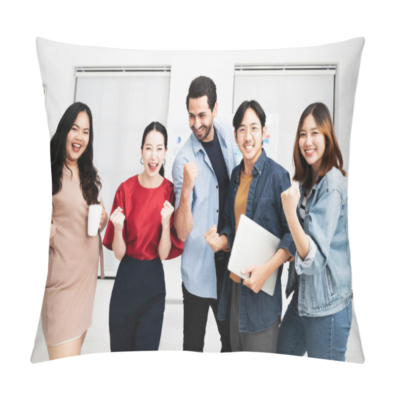 Personality  Portrait Of Business Teamwork Standing Together Feeling Happy And Smile. Multiethnic Diverse People Team Entrepreneur Startup Pillow Covers